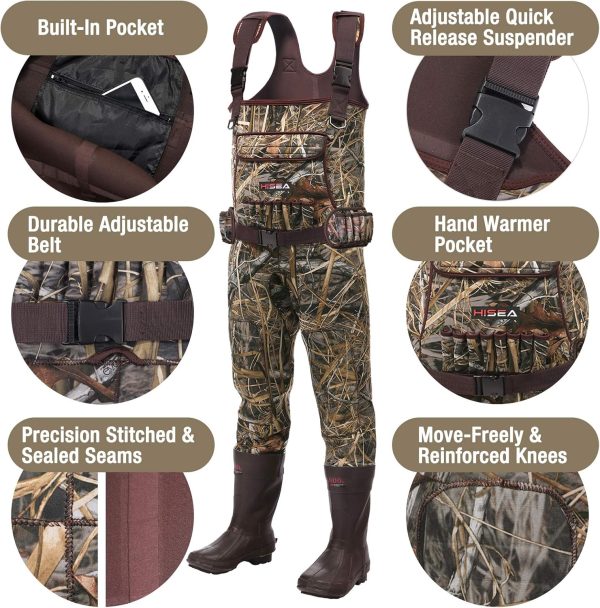 HISEA Hunting Waders, Chest Wader for Men with 600G Insulated Boots, 4.5mm Neoprene Waterproof Bootfoot Fishing Waders
